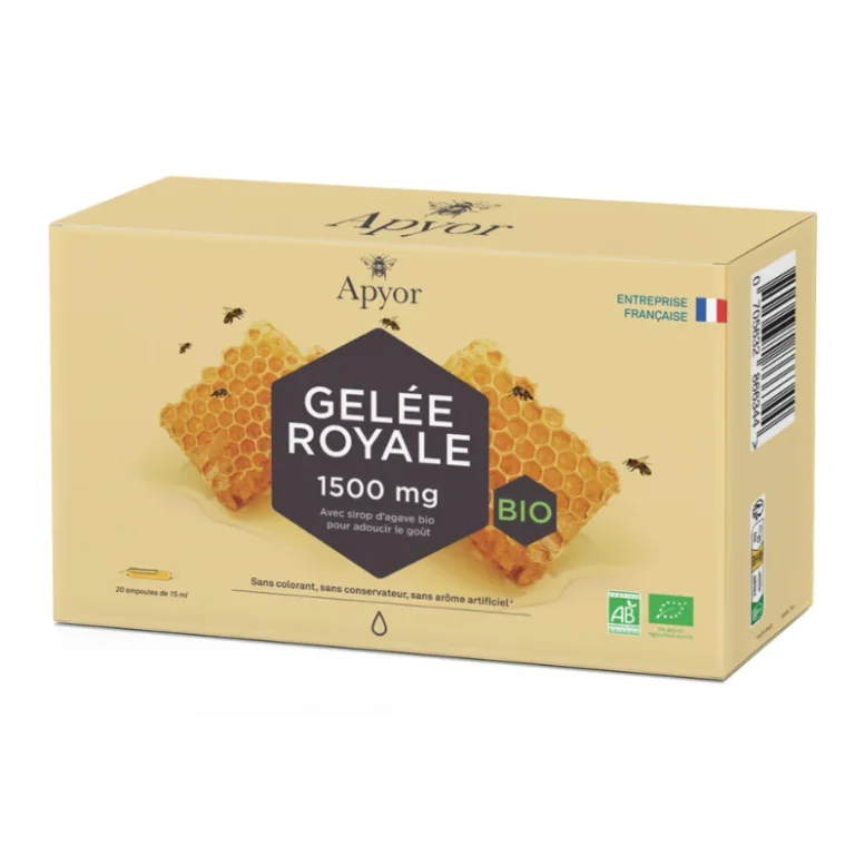 Revitalisant puissant, défenses naturelles. Agriculture Biologique certifiée. Pour toute la famille, dès 3 ans. Bon goût. 1 500 mg de gelée royale par ampoule.