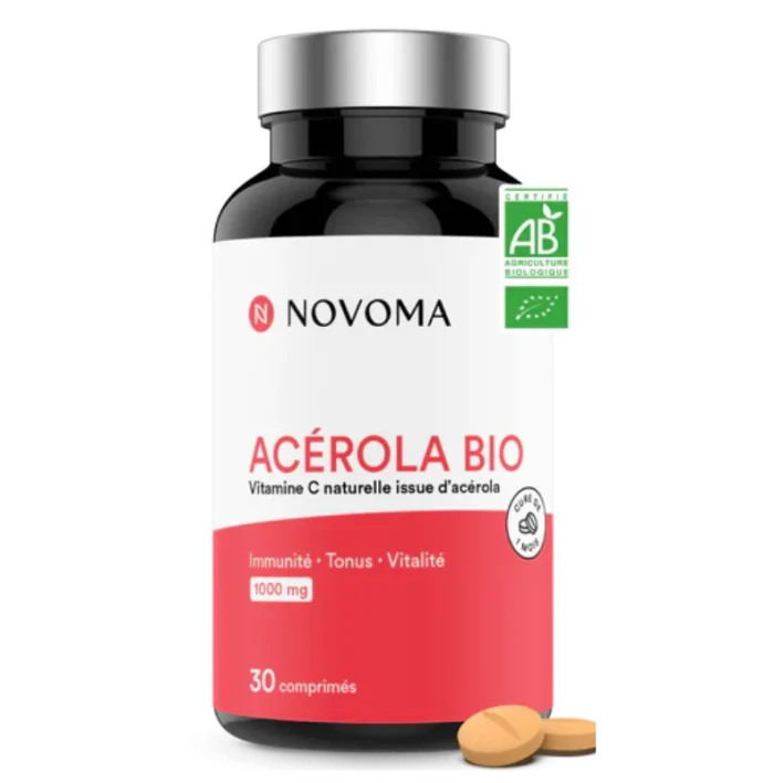 NOVOMA Acerola Bio 1000mg, Riche en Vitamine C Naturelle, Réduit la Fatigue & Renforce le Système Immunitaire, 30 Comprimés À Croquer, Sans Sucre & Vegan, Fabriqué en France