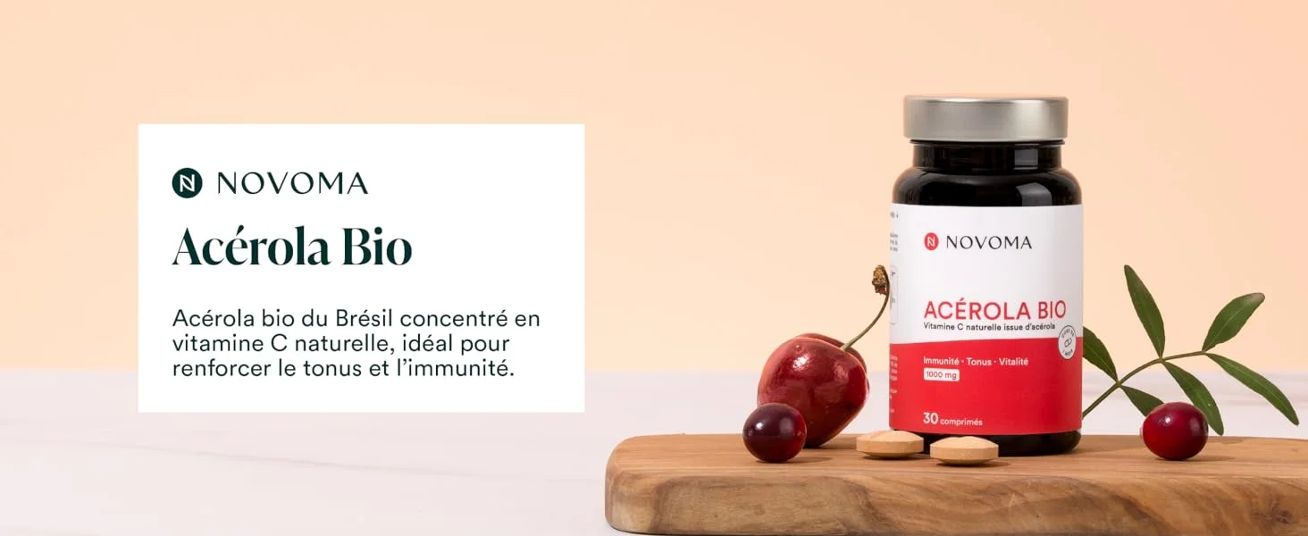NOVOMA Acerola Bio 1000mg, Riche en Vitamine C Naturelle, Réduit la Fatigue & Renforce le Système Immunitaire, 30 Comprimés À Croquer, Sans Sucre & Vegan, Fabriqué en France