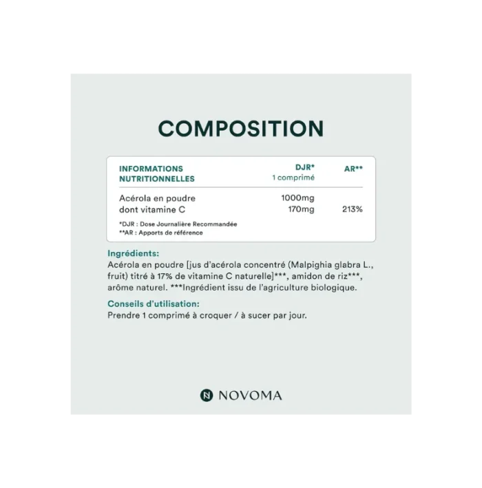 NOVOMA Acerola Bio 1000mg, Riche en Vitamine C Naturelle, Réduit la Fatigue & Renforce le Système Immunitaire, 30 Comprimés À Croquer, Sans Sucre & Vegan, Fabriqué en France