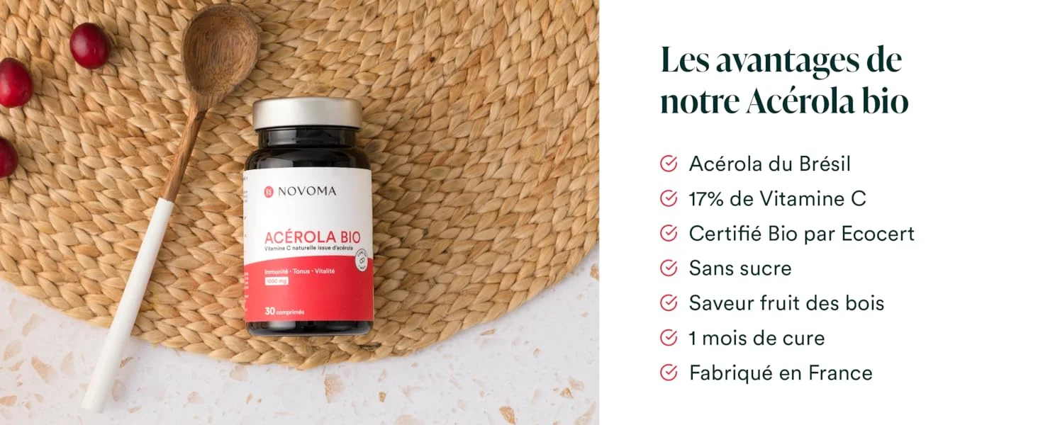 NOVOMA Acerola Bio 1000mg, Riche en Vitamine C Naturelle, Réduit la Fatigue & Renforce le Système Immunitaire, 30 Comprimés À Croquer, Sans Sucre & Vegan, Fabriqué en France
