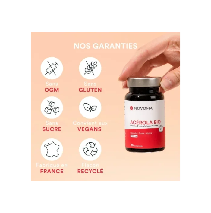 NOVOMA Acerola Bio 1000mg, Riche en Vitamine C Naturelle, Réduit la Fatigue & Renforce le Système Immunitaire, 30 Comprimés À Croquer, Sans Sucre & Vegan, Fabriqué en France
