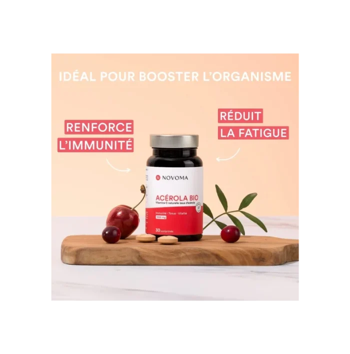 NOVOMA Acerola Bio 1000mg, Riche en Vitamine C Naturelle, Réduit la Fatigue & Renforce le Système Immunitaire, 30 Comprimés À Croquer, Sans Sucre & Vegan, Fabriqué en France