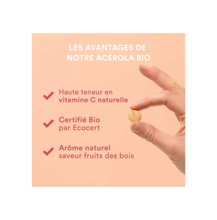 NOVOMA Acerola Bio 1000mg, Riche en Vitamine C Naturelle, Réduit la Fatigue & Renforce le Système Immunitaire, 30 Comprimés À Croquer, Sans Sucre & Vegan, Fabriqué en France