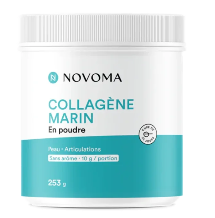 NOVOMA Collagène Marin Poudre Type 1 & 3, Peau Lisse & Articulations Souples, 10g par Portion, Cure de 25 jours, Collagène Breveté Naticol, Vitamine C, Pot de 253g Sans arôme, Made in France