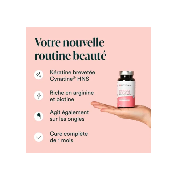 NOVOMA Formule Cheveux, Pousse & Fortification des Cheveux, Complément Alimentaire avec Biotine, Kératine, Sélénium, Zinc & Roquette, Cure de 1 mois, 60 Gélules Vegan, Fabriqué en France