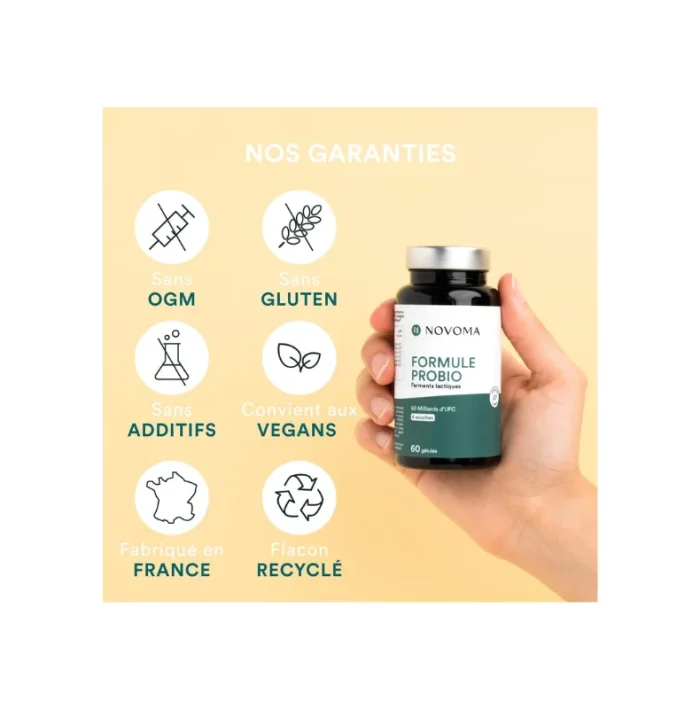NOVOMA Formule Probio, Complexe Probiotique pour la Flore Intestinale, 60 Milliards UFC/Jour, 6 Souches Naturelles, Ferments Lactiques, 60 Gélules Vegan Gastro-Résistantes, Fabriqué en France