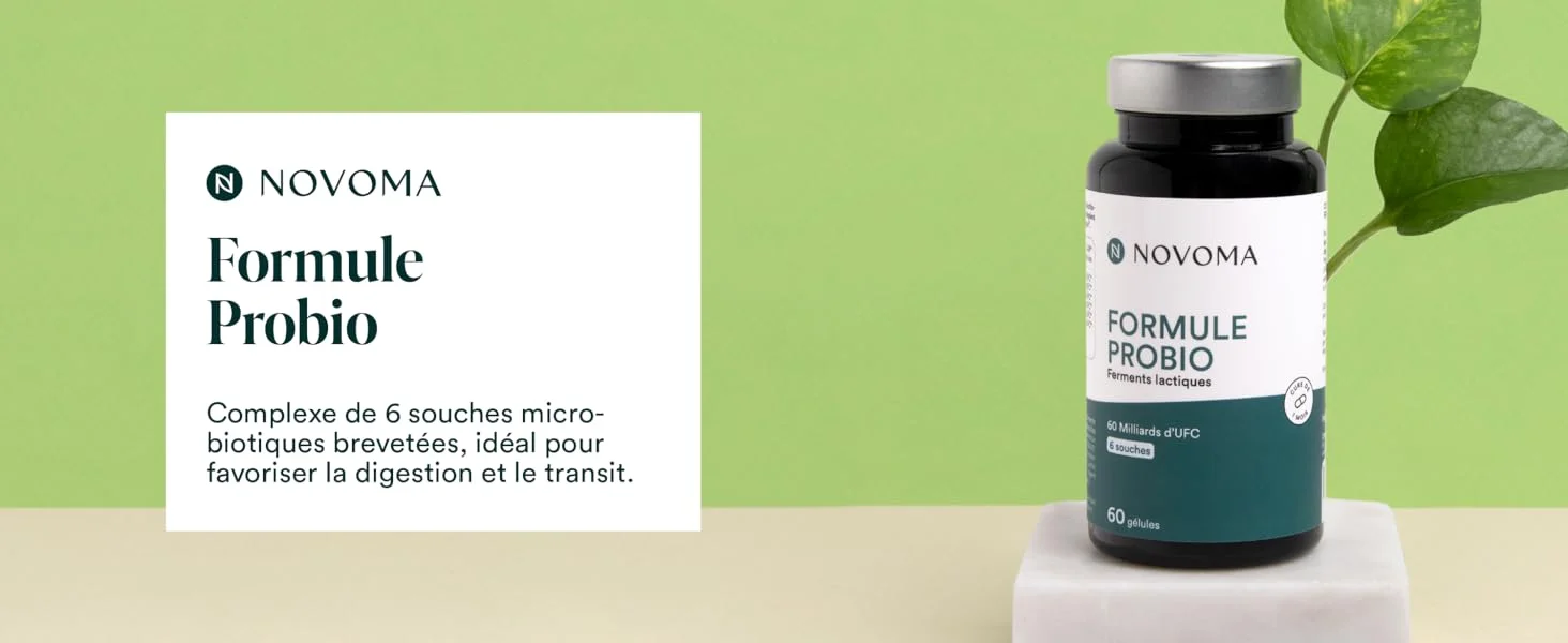 NOVOMA Formule Probio, Complexe Probiotique pour la Flore Intestinale, 60 Milliards UFC/Jour, 6 Souches Naturelles, Ferments Lactiques, 60 Gélules Vegan Gastro-Résistantes, Fabriqué en France