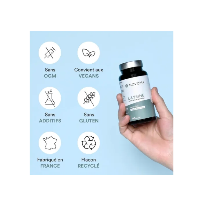 NOVOMA L-Lysine 1500 mg, Acide Aminé Essentiel, Cure de 1 mois, Dosage optimal, Soutient le Système Immunitaire et les Muscles, 90 Gélules Végétales, Fabriqué en France