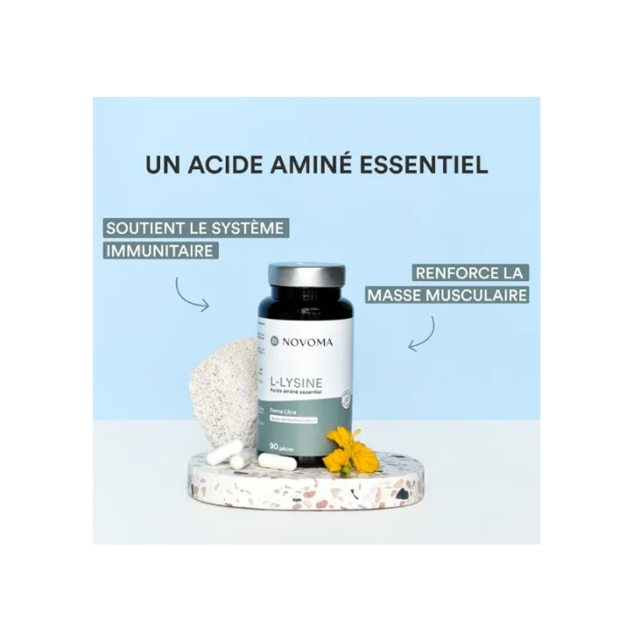 NOVOMA L-Lysine 1500 mg, Acide Aminé Essentiel, Cure de 1 mois, Dosage optimal, Soutient le Système Immunitaire et les Muscles, 90 Gélules Végétales, Fabriqué en France