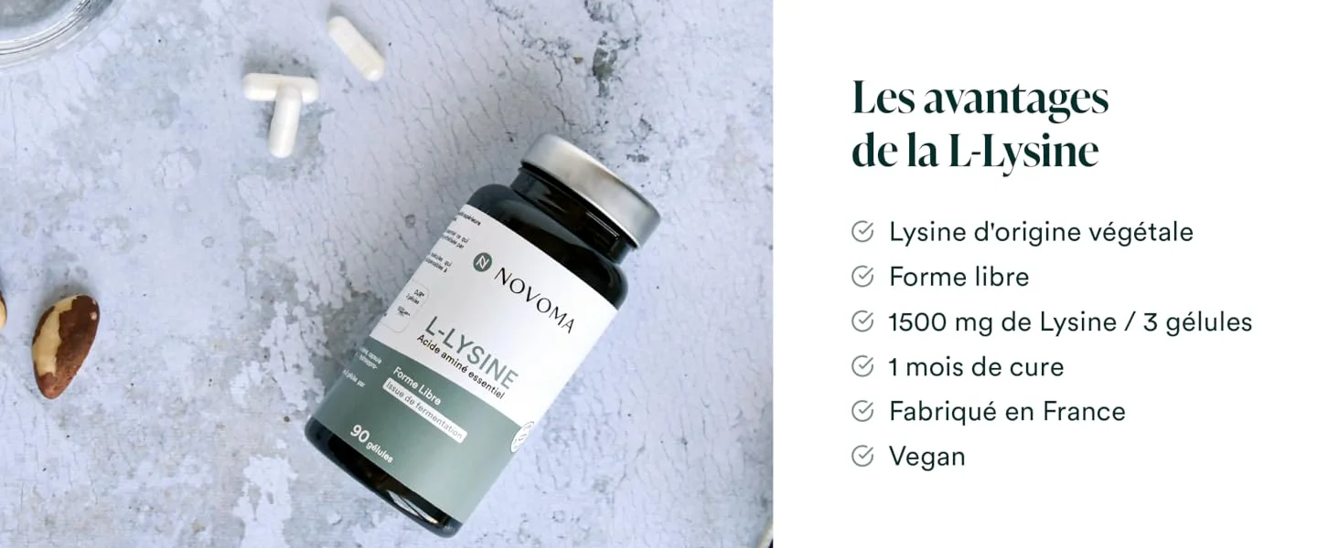 NOVOMA L-Lysine 1500 mg, Acide Aminé Essentiel, Cure de 1 mois, Dosage optimal, Soutient le Système Immunitaire et les Muscles, 90 Gélules Végétales, Fabriqué en France