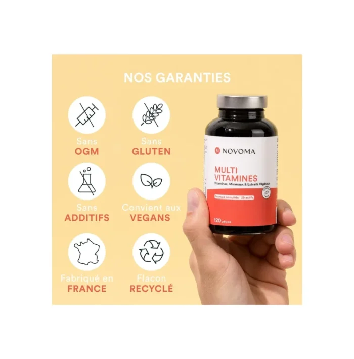 NOVOMA Multivitamines et Minéraux, 29 Vitamines & Minéraux A B C D3 E K2 + Magnésium & Zinc, 120 gélules, Complément Alimentaire Immunité pour Femme et Homme, Fabriqué en France