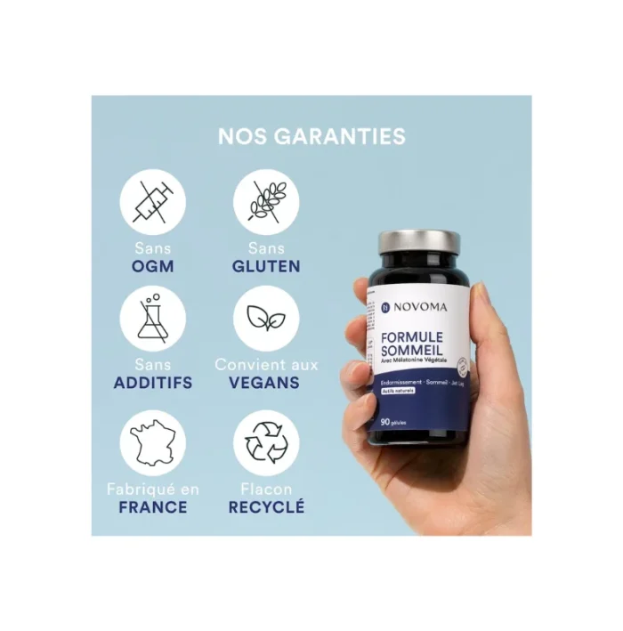 NOVOMA Formule Sommeil avec Mélatonine 1,9 mg, Endormissement & Sommeil Naturel, Complexe de Plantes avec Melatonine Pure, Mélisse et Passiflore, 90 Gélules Vegan, Made in France