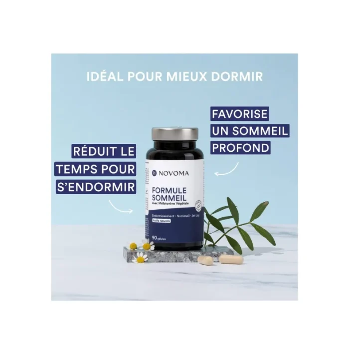 NOVOMA Formule Sommeil avec Mélatonine 1,9 mg, Endormissement & Sommeil Naturel, Complexe de Plantes avec Melatonine Pure, Mélisse et Passiflore, 90 Gélules Vegan, Made in France